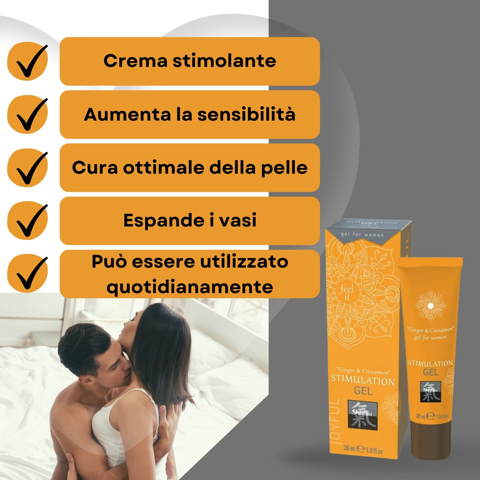Tubo e confezione di gel. Scritto: Zenzero e Cannella. Marchio Shiatsu. Gel per donne. 30ml.