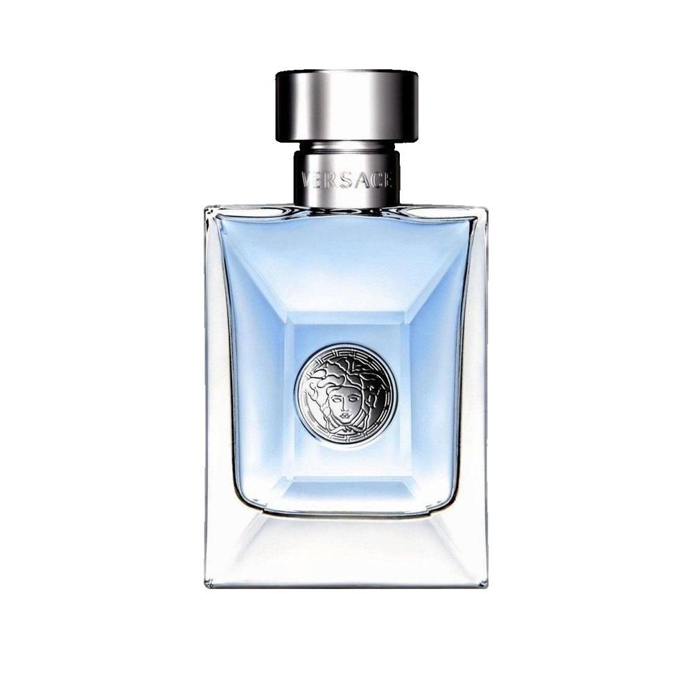 Flacone quadrato con liquido azzurro. Tappo argentato. Logo Medusa sul davanti.