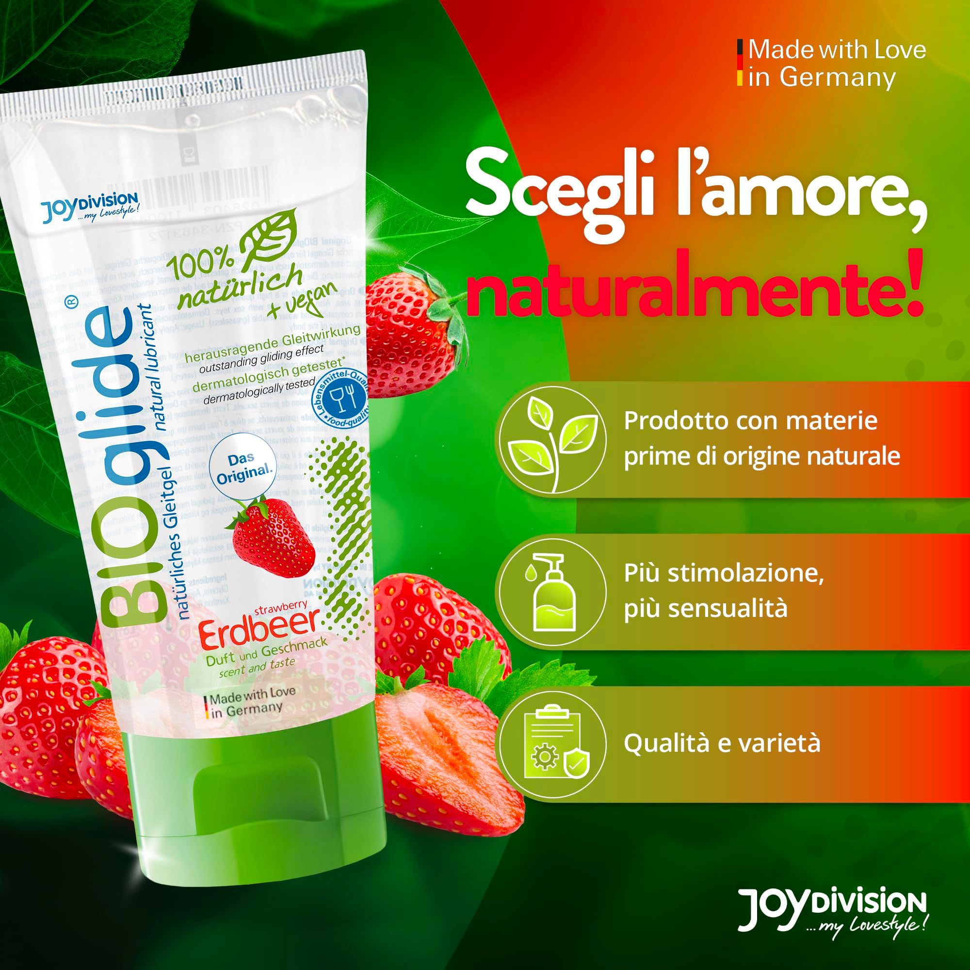 Tubo di gel lubrificante BIOglide Erdbeer con fragole. "Scegli l'amore, naturalmente!" e "Qualità e varietà".
