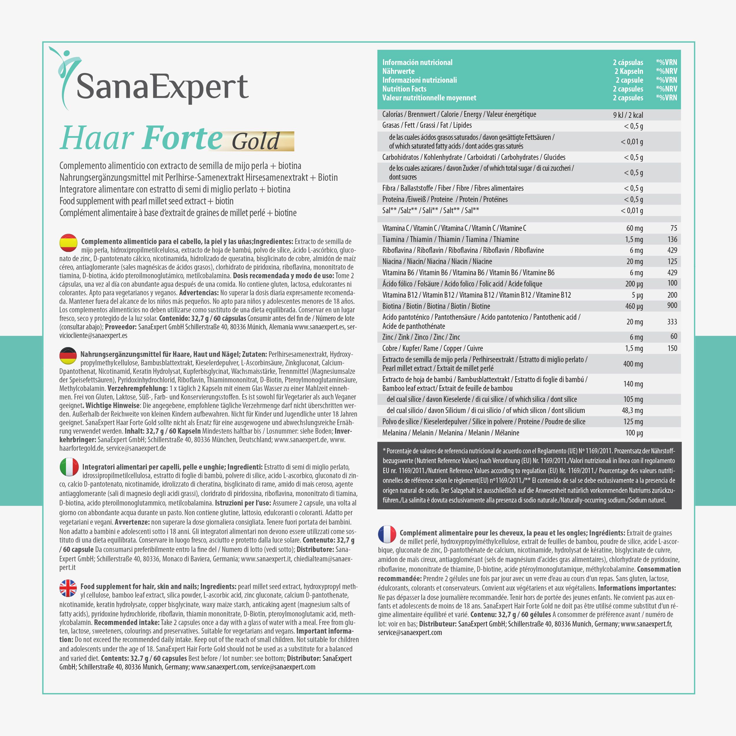 Vista dettagliata degli ingredienti e valori nutrizionali di SanaExpert Haar Forte Gold.