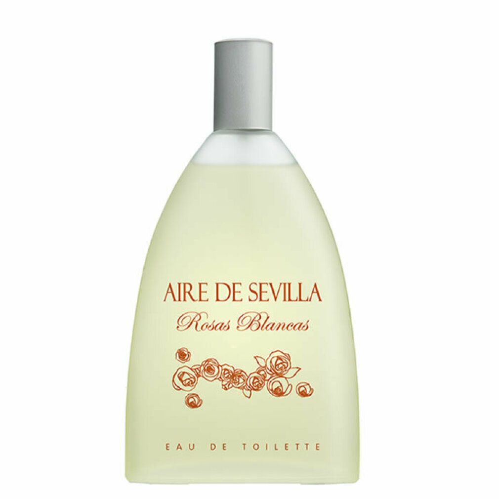 Flacone di profumo con tappo argentato. Scritta: Aire de Sevilla Rosas Blancas Eau de Toilette. Decorazione floreale.