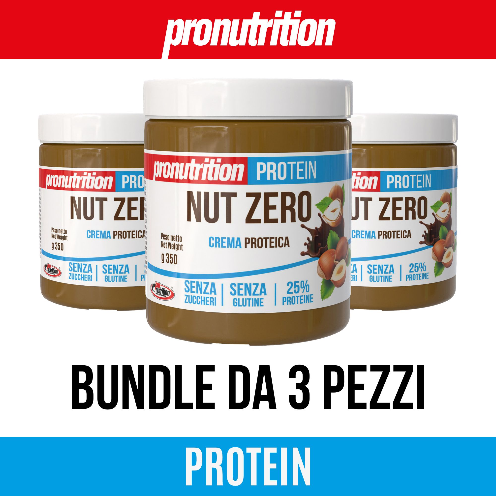 Tre barattoli Pronutrition Nut Zero Crema Proteica. Scritta: Bundle da 3 pezzi. Senza Zucchero, Senza Glutine, 25% Proteine.