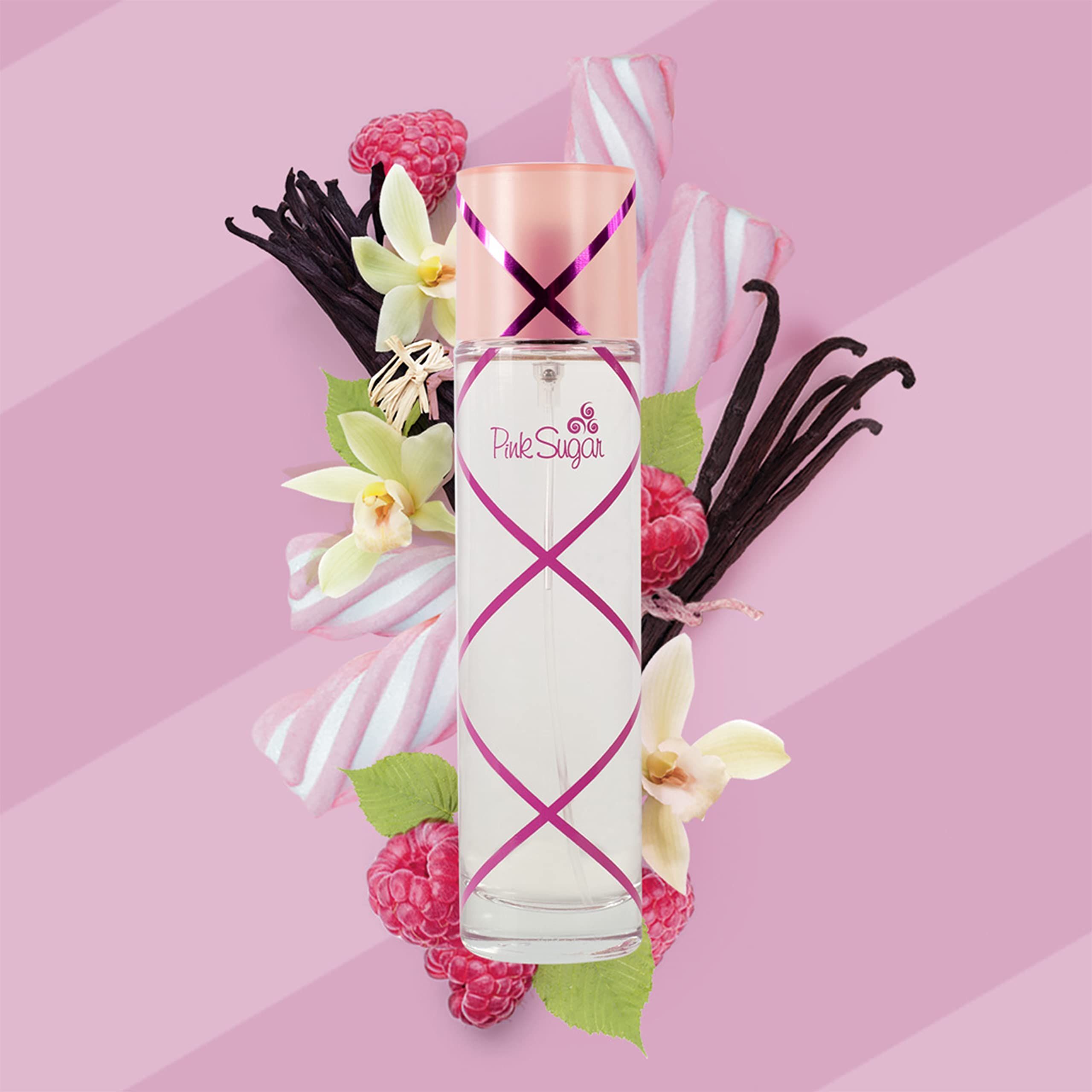 Flacone di profumo con dettagli rosa e scritta Pink Sugar. Circondato da lamponi, vaniglia e marshmallow.