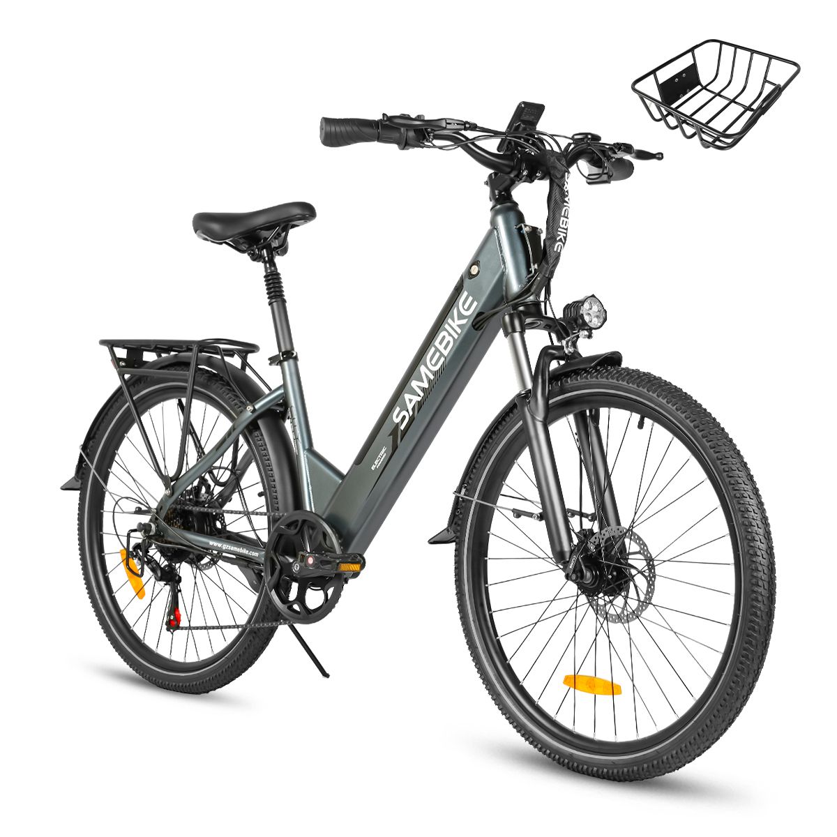 Bicicletta elettrica SAMEBIKE RS-A01 Pro-T grigia. Cestino, portapacchi, parafanghi. Pneumatici, sella, manubrio neri. Faro.
