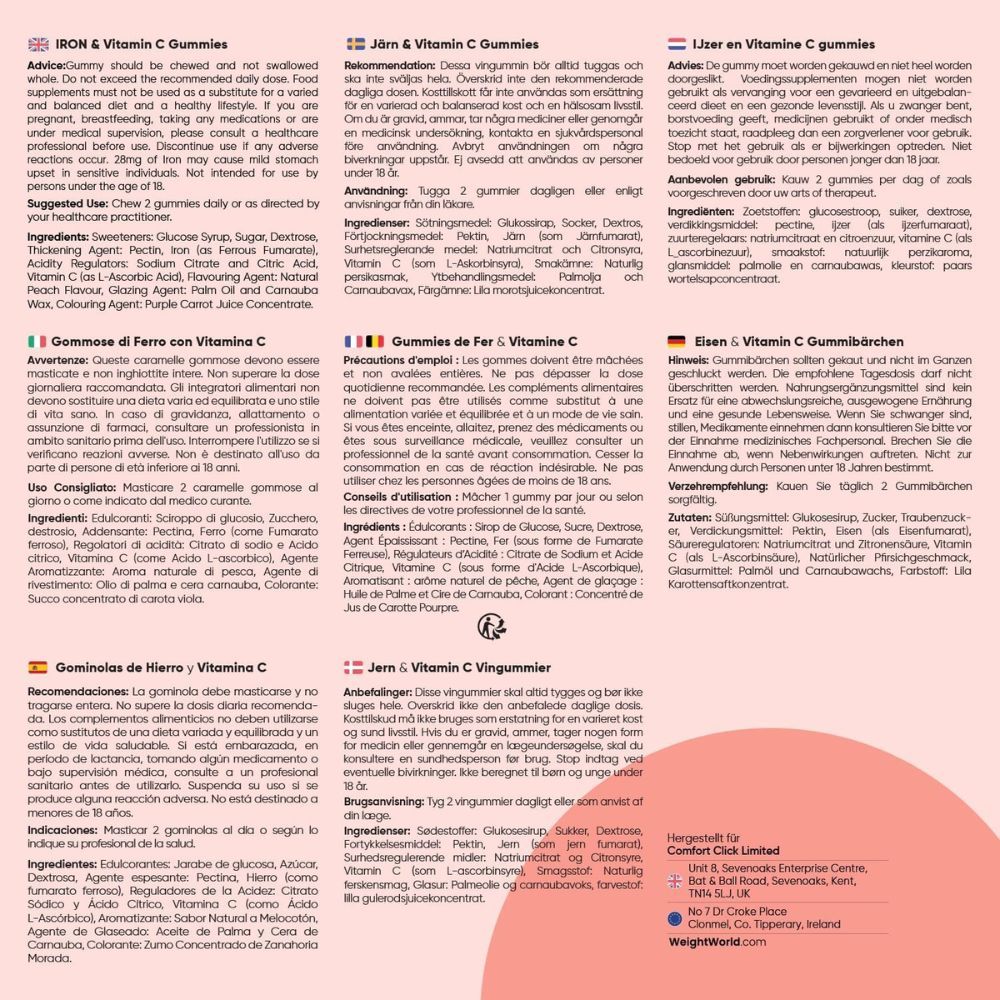 Informazioni multilingue sulle gommose WeightWorld Ferro & Vitamina C. Ingredienti, utilizzo.