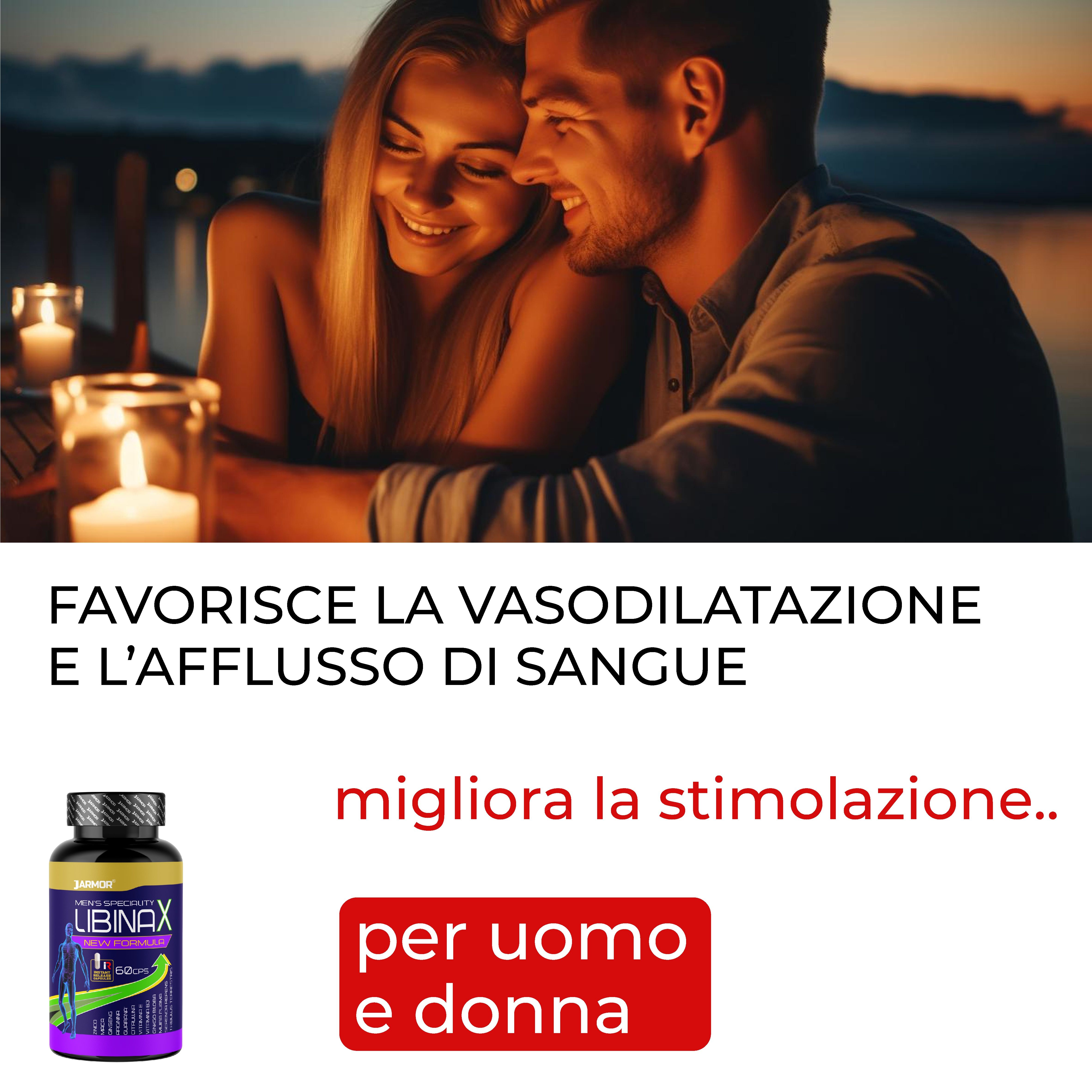 Una coppia sorridente la sera. Una bottiglia di "LIBINAX" è raffigurata. Testo: Favorisce la vasodilatazione e l'afflusso di sangue.