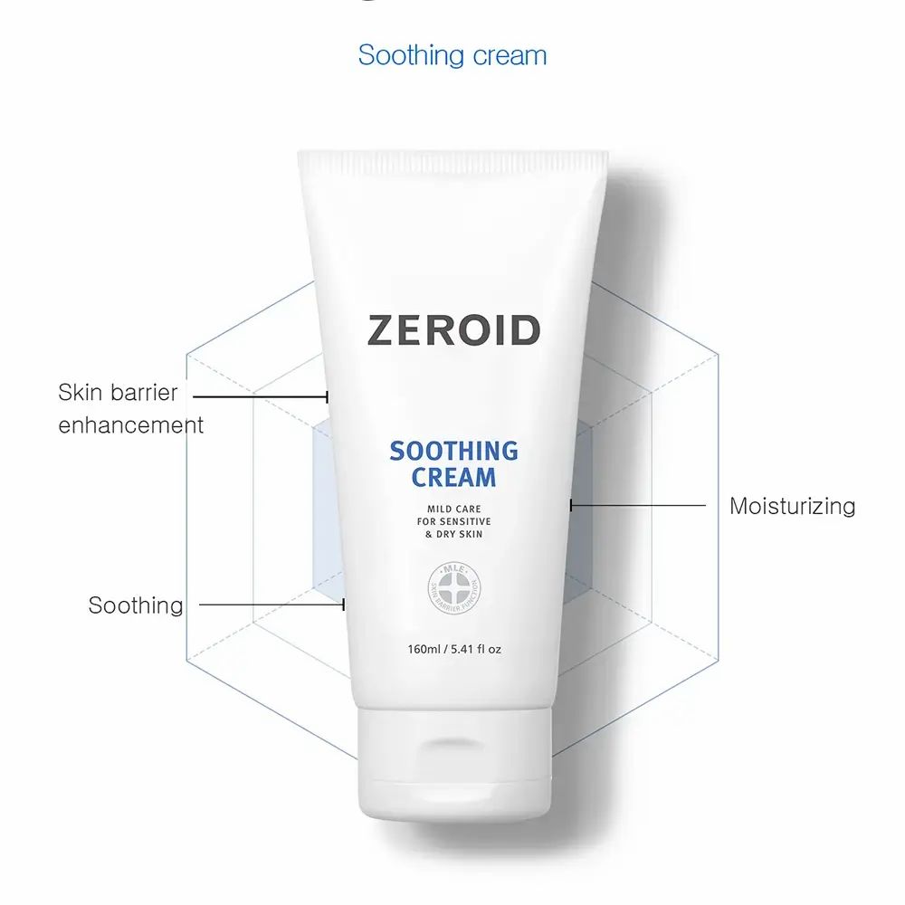 Tubo bianco ZEROID Soothing Cream con scritta blu. Testo: Mild Care for Sensitive & Dry Skin. 160ml/5.41 fl oz.