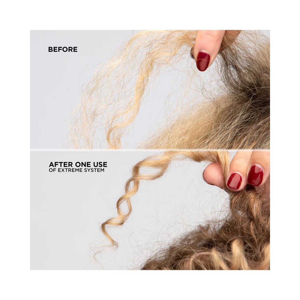 Confronto di ciocche di capelli prima e dopo l'uso. Sinistra: capelli secchi. Destra: capelli ricci.