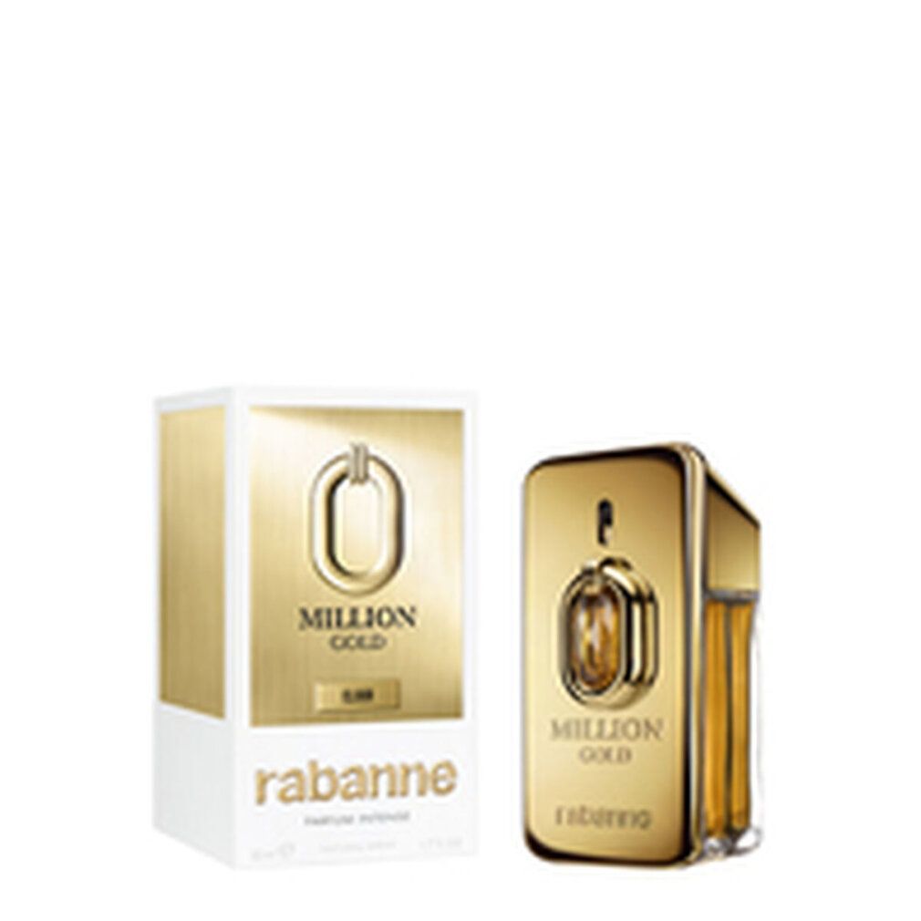 Flacone dorato e confezione. Flacone con "Million Gold" e "rabanne". Confezione con logo e nome del prodotto.
