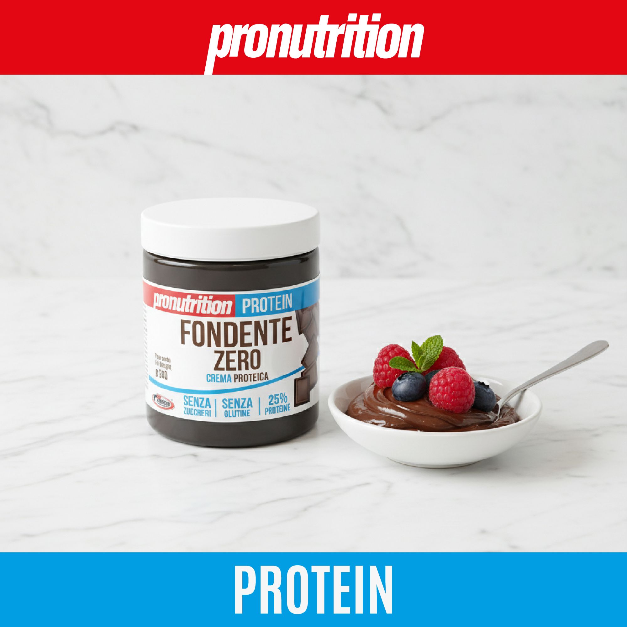 Barattolo Pronutrition Protein Fondente Zero. Scritta: Fondente Zero, Senza Zuccheri, Senza Glutine, 25% Proteine. Ciotola con frutti di bosco e cucchiaio.