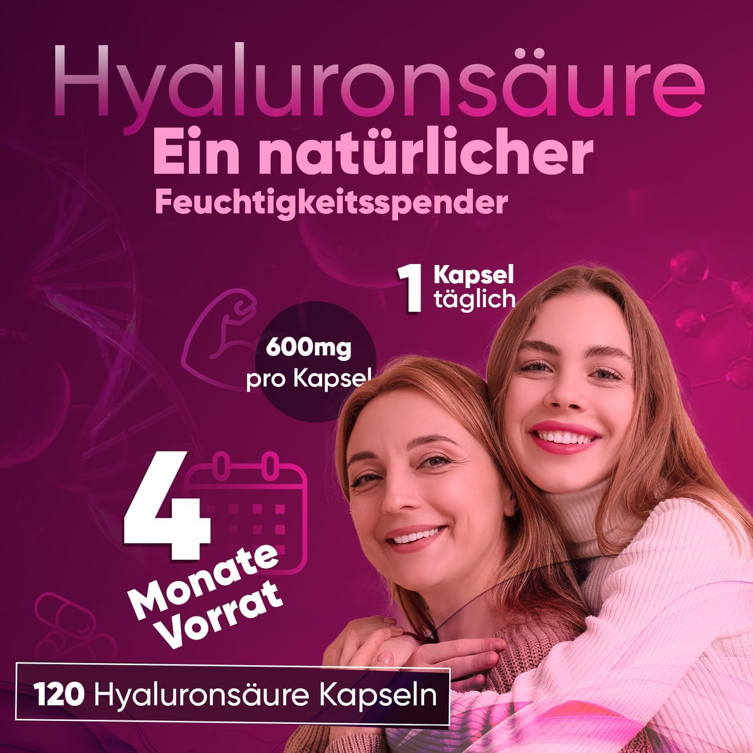 Due donne si abbracciano. Testo: Acido Ialuronico, 120 capsule. 600mg per capsula. 4 mesi di scorta.