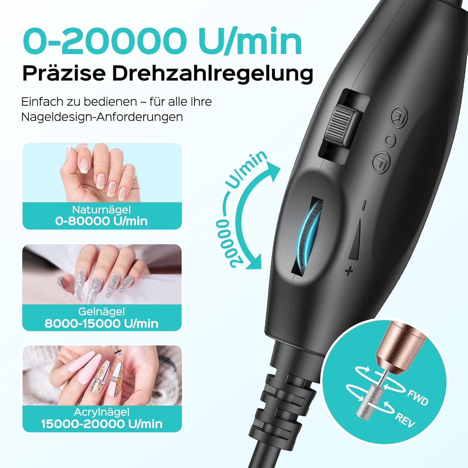 Manipolo per fresa per unghie con regolatore di velocità. Testo: 0-20000 giri/min, controllo preciso della velocità. Illustrazioni per diversi tipi di unghie.