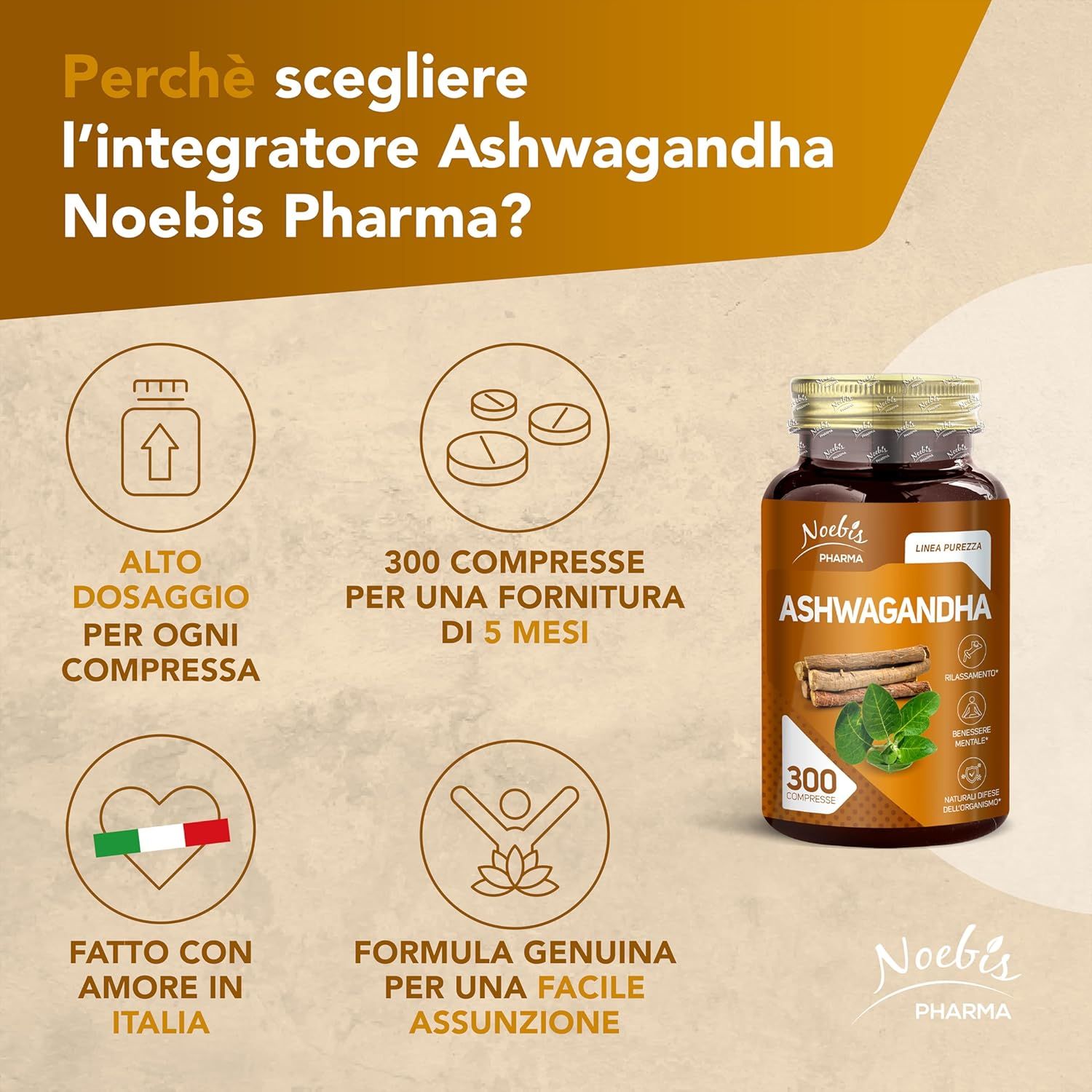 Flacone Noebis Pharma Ashwagandha, 300 compresse. Icone: alto dosaggio, scorta 5 mesi, fatto in Italia.