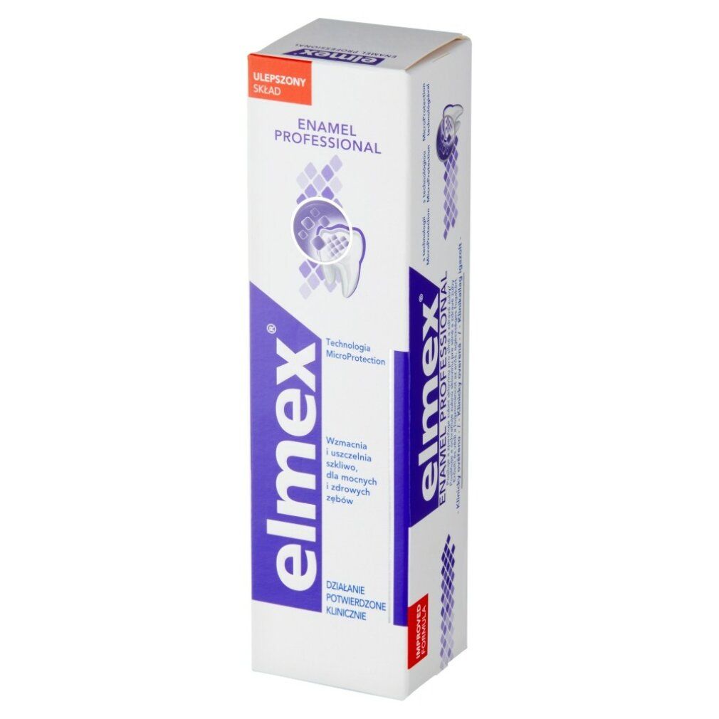 Scatola di cartone per dentifricio. Scritta: elmex ENAMEL PROFESSIONAL. Tecnologia MicroProtection. Bianco e blu.