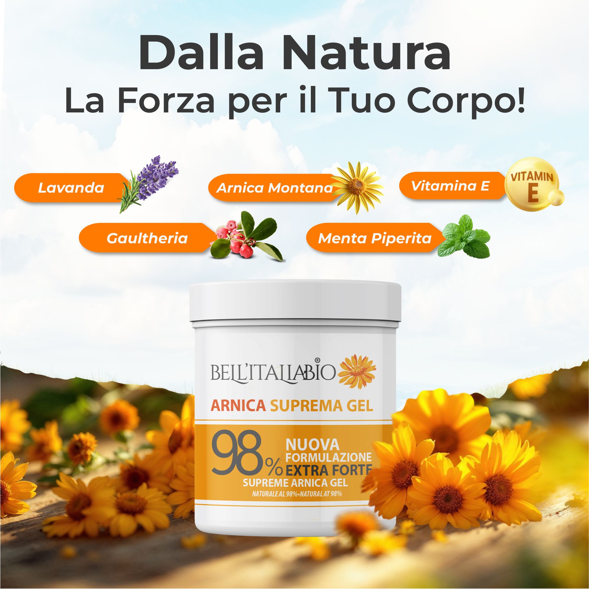 Vasetto bianco con etichetta gialla. Testo: BellItaliabio Arnica Supreme Gel. 98% Extra Forte. Lavanda, Arnica, Vitamina E, Gaultheria, Menta piperita.