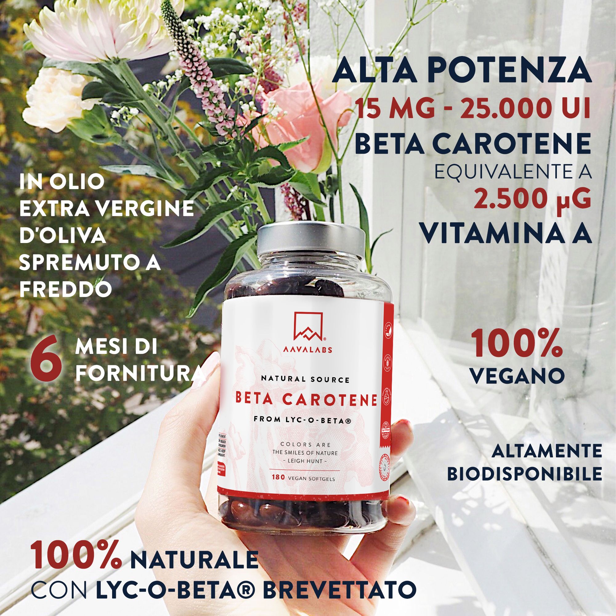 Flacone con capsule marroni, fiori e testo. Alta potenza, 100% vegano, 6 mesi di fornitura. Con Lyc-O-Beta brevettato.