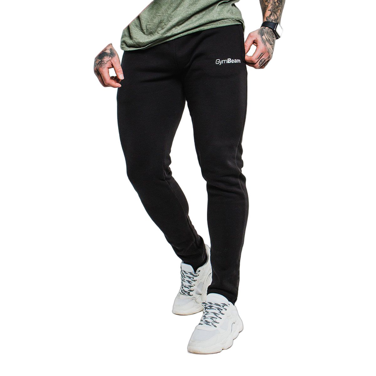 GymBeam Pantaloni uomo slim fit Black con tasche, cordoncino e zip alle caviglie
