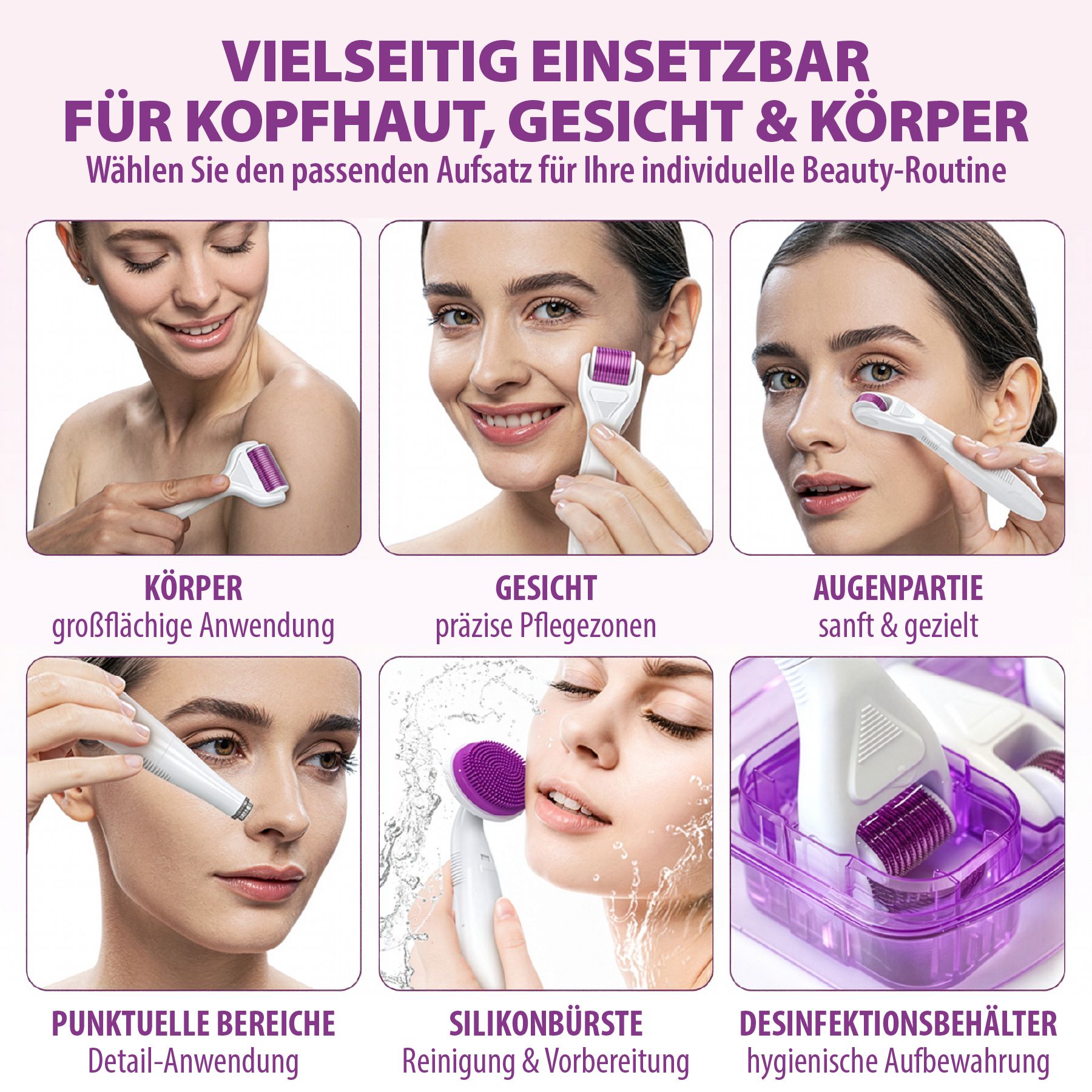 Tre donne mostrano l'uso di dermaroller su viso e corpo. Include anche una spazzola in silicone e un contenitore per la disinfezione.