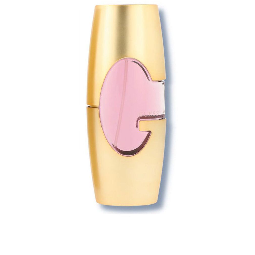 Flacone dorato con inserto rosa. Flacone di forma ovale con inserto rosa.