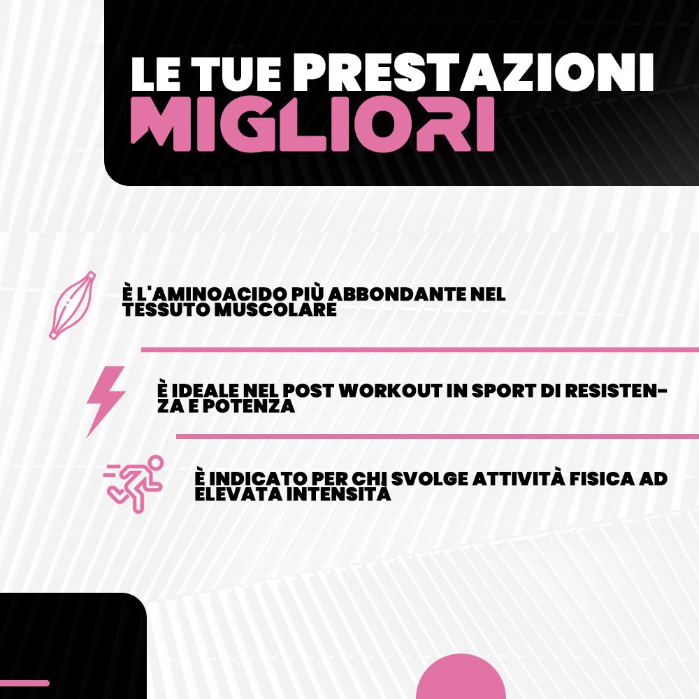 Infografica con testo sulla glutammina: aminoacido nel tessuto muscolare, ideale post allenamento, attività intense.