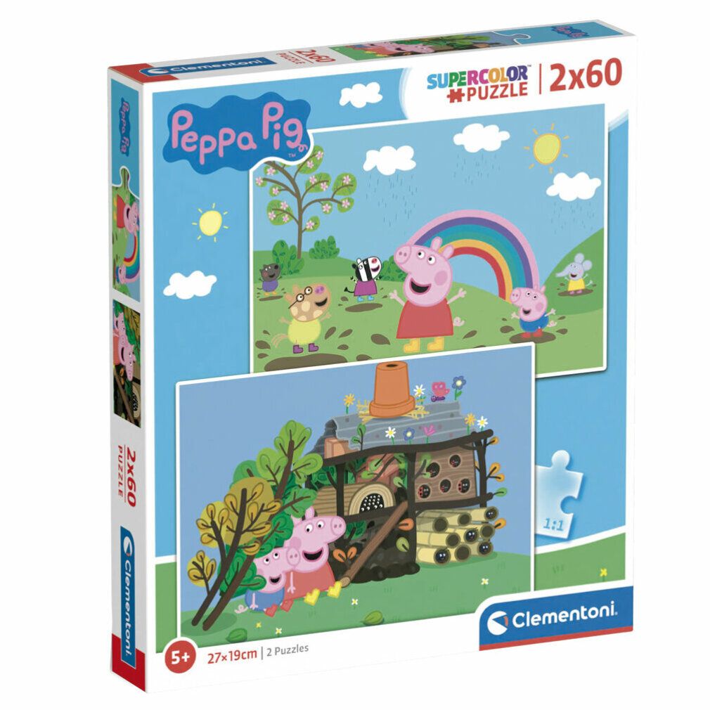 Puzzle Clementoni Peppa Pig, 2x60 pezzi. Confezione mostra due puzzle con diversi disegni. Scritte: Peppa Pig, 2x60, Clementoni.