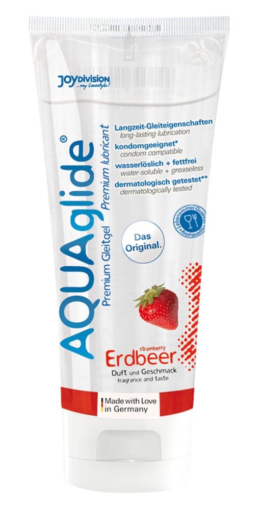 Tubo trasparente AQUAglide Premium. Scritta: Joydivision, gel lubrificante premium, gusto fragola. Immagine fragola.
