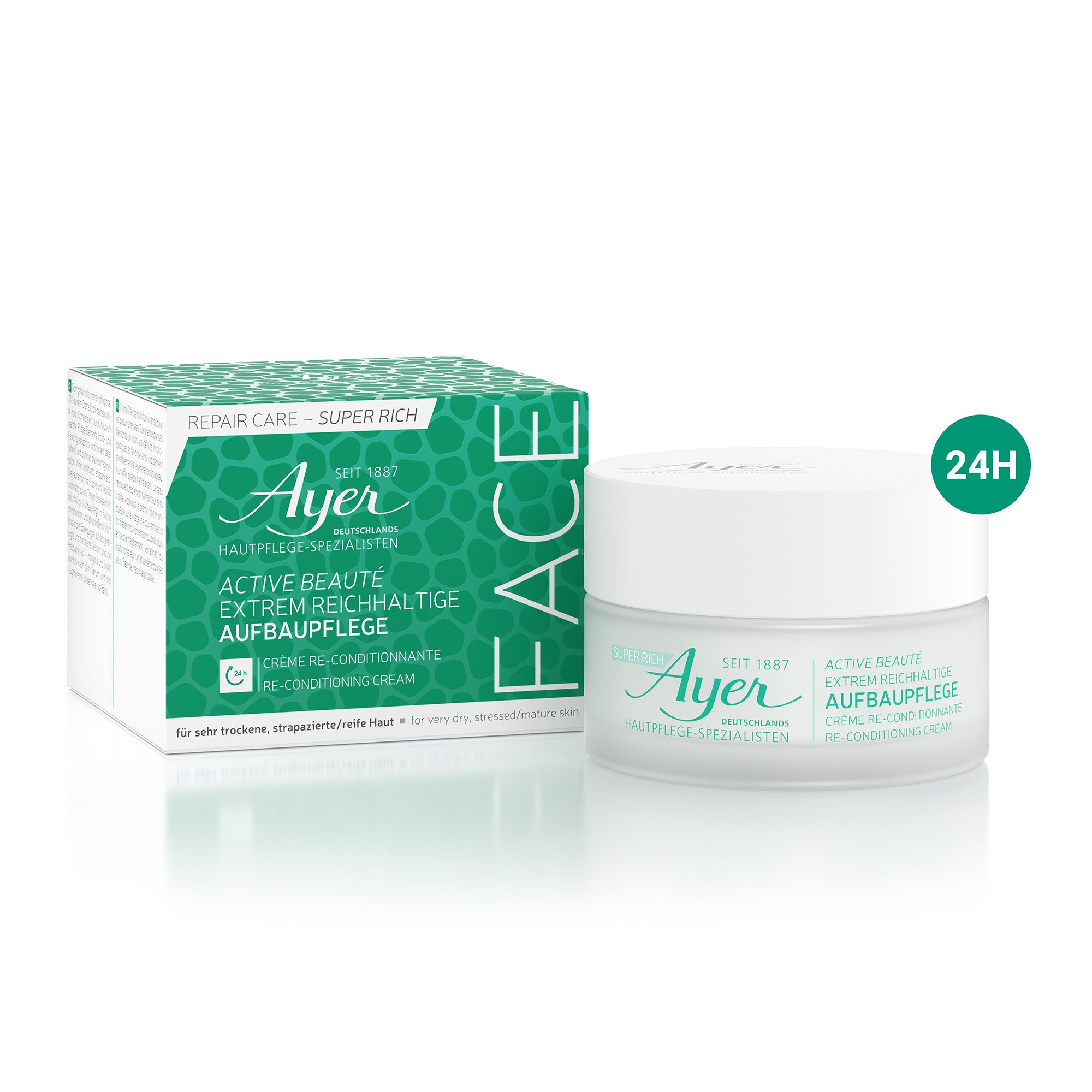 Vasetto di crema e scatola. Scritta: Ayer, Active Beauté, Reconditioning Cream. Confezione verde e bianca.