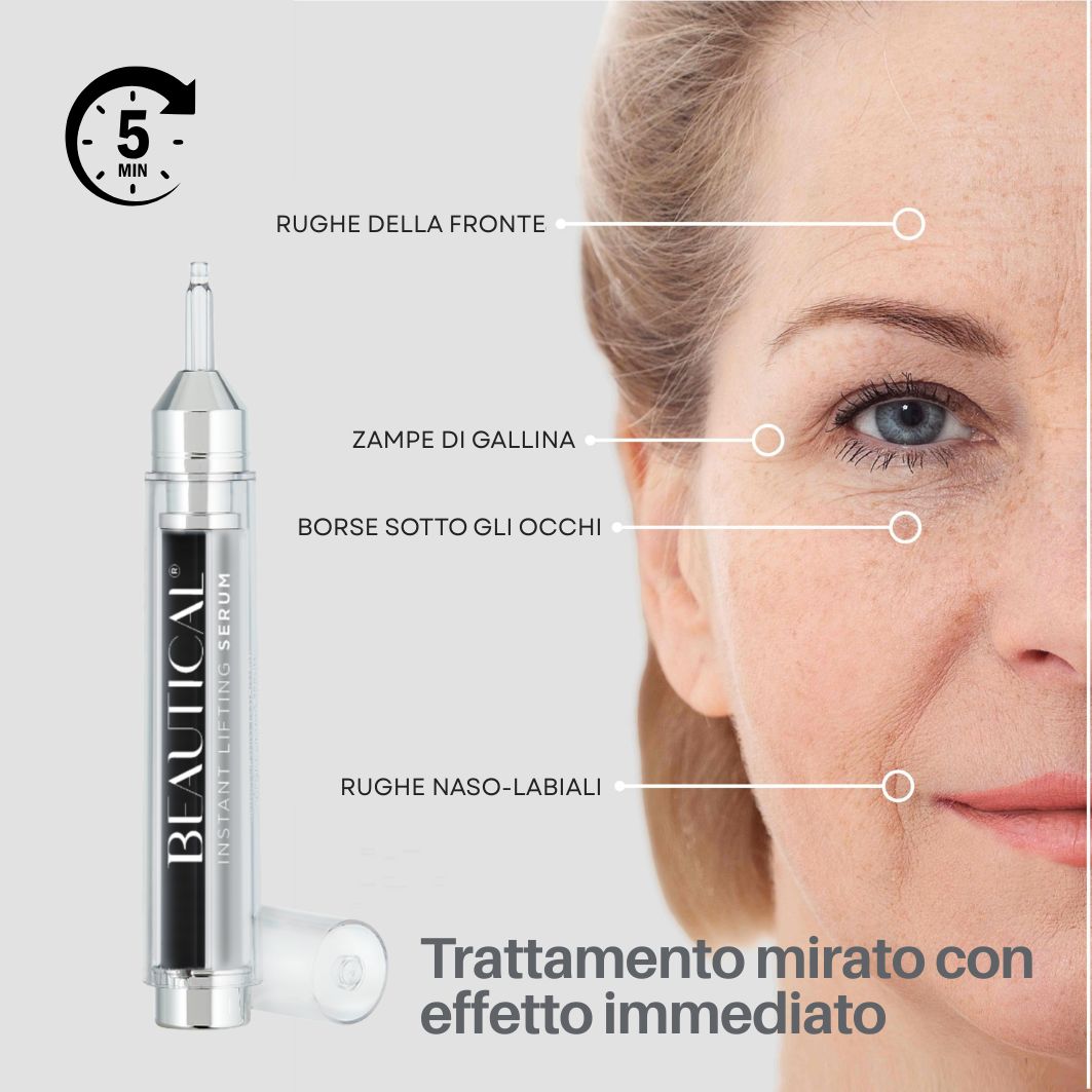 Flacone di siero con testo. Scritta: BEAUTICAL Instant Lifting Serum.