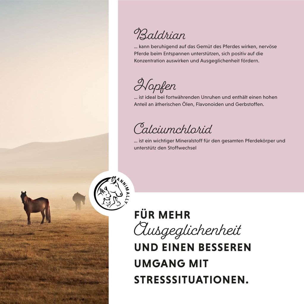 Pagina rosa con testo su valeriana, luppolo e cloruro di calcio. Logo con illustrazioni di animali. Cavalli in un campo.