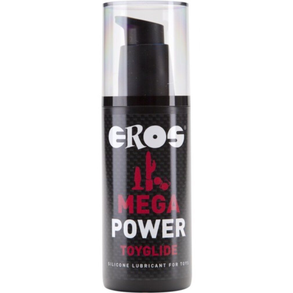 Flacone nero con pompa e tappo trasparente. Scritta: EROS MEGA POWER TOYGLIDE. Lubrificante siliconico per giocattoli.