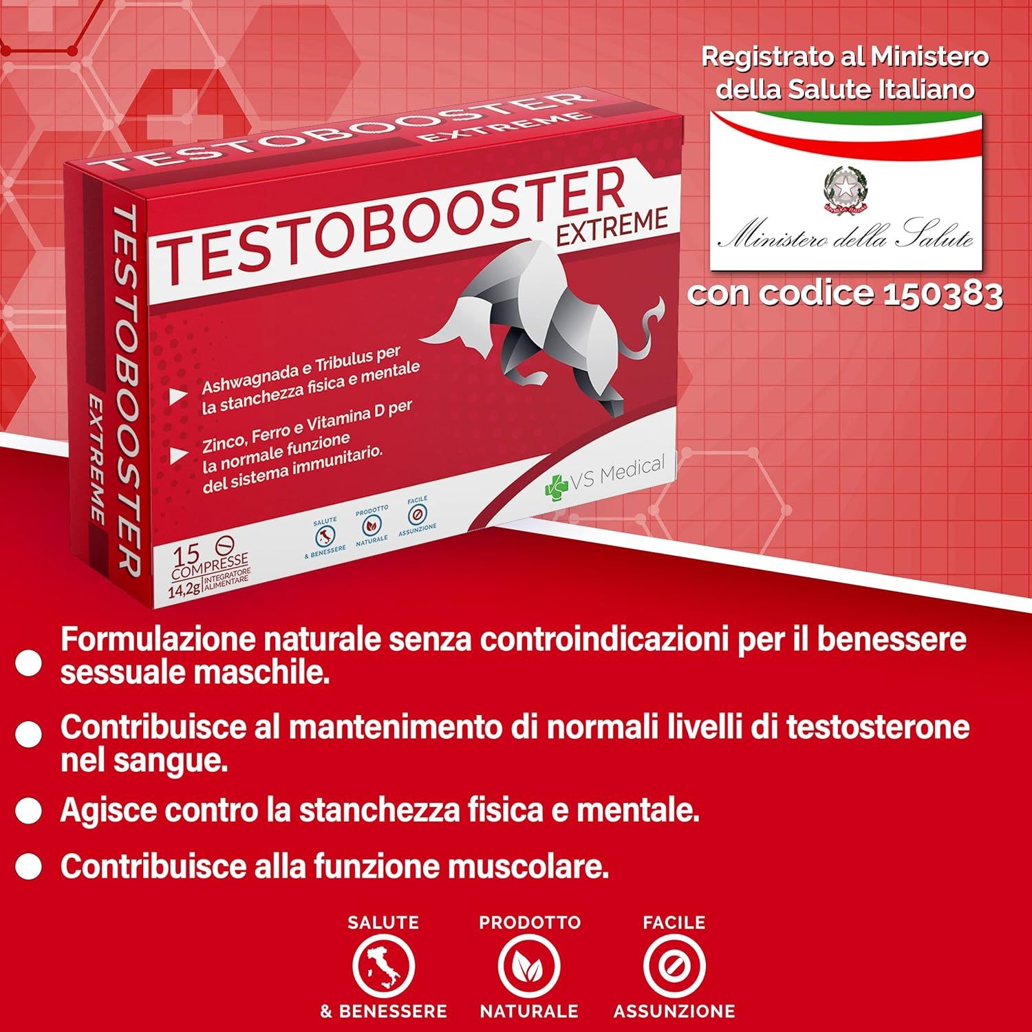 Confezione rossa con testo: Testobooster Extreme, 15 compresse. Sigillo Ministero della Salute. Informazioni prodotto.