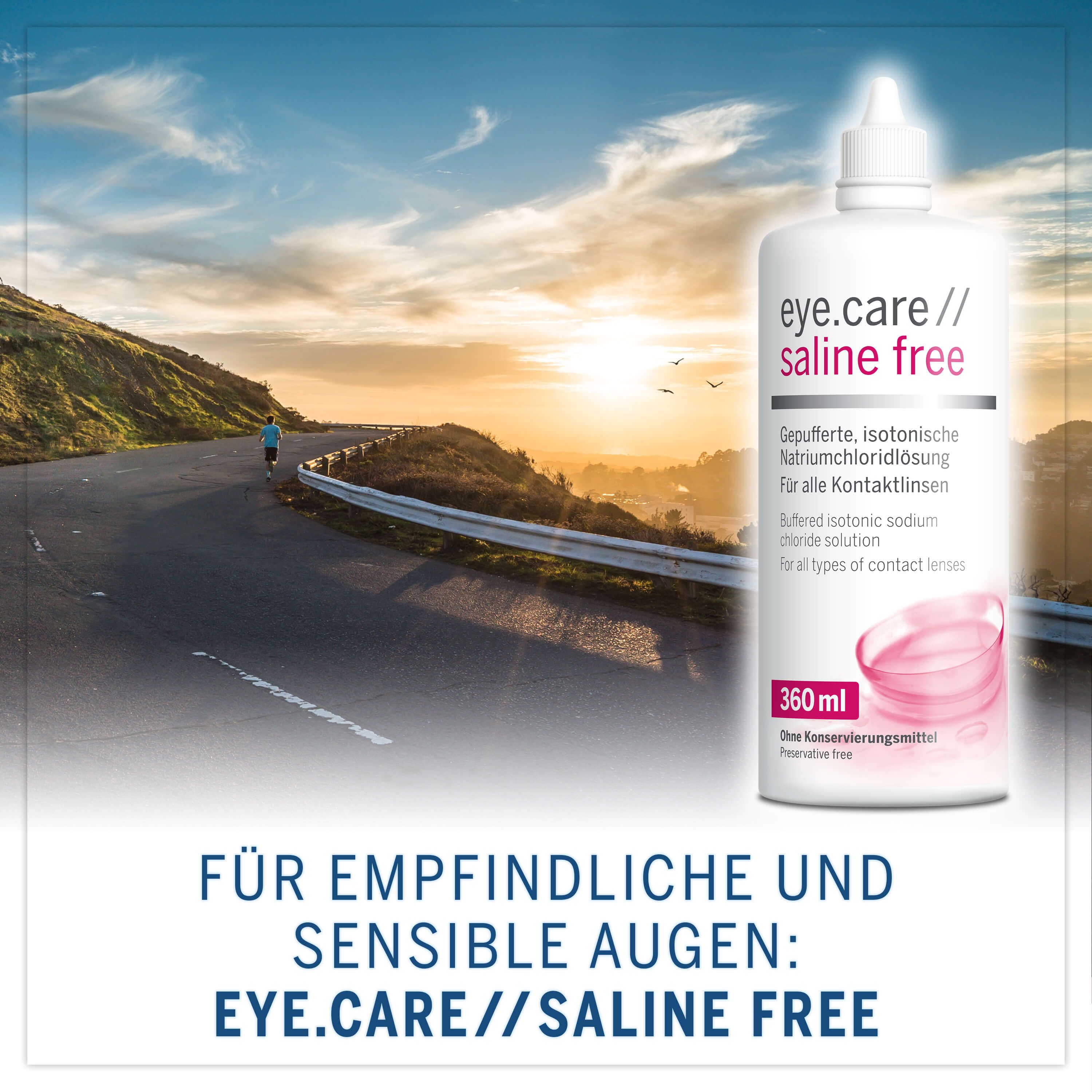 Flacone eye.care // saline free davanti al paesaggio. Testo: Per occhi sensibili: eye.care // saline free.