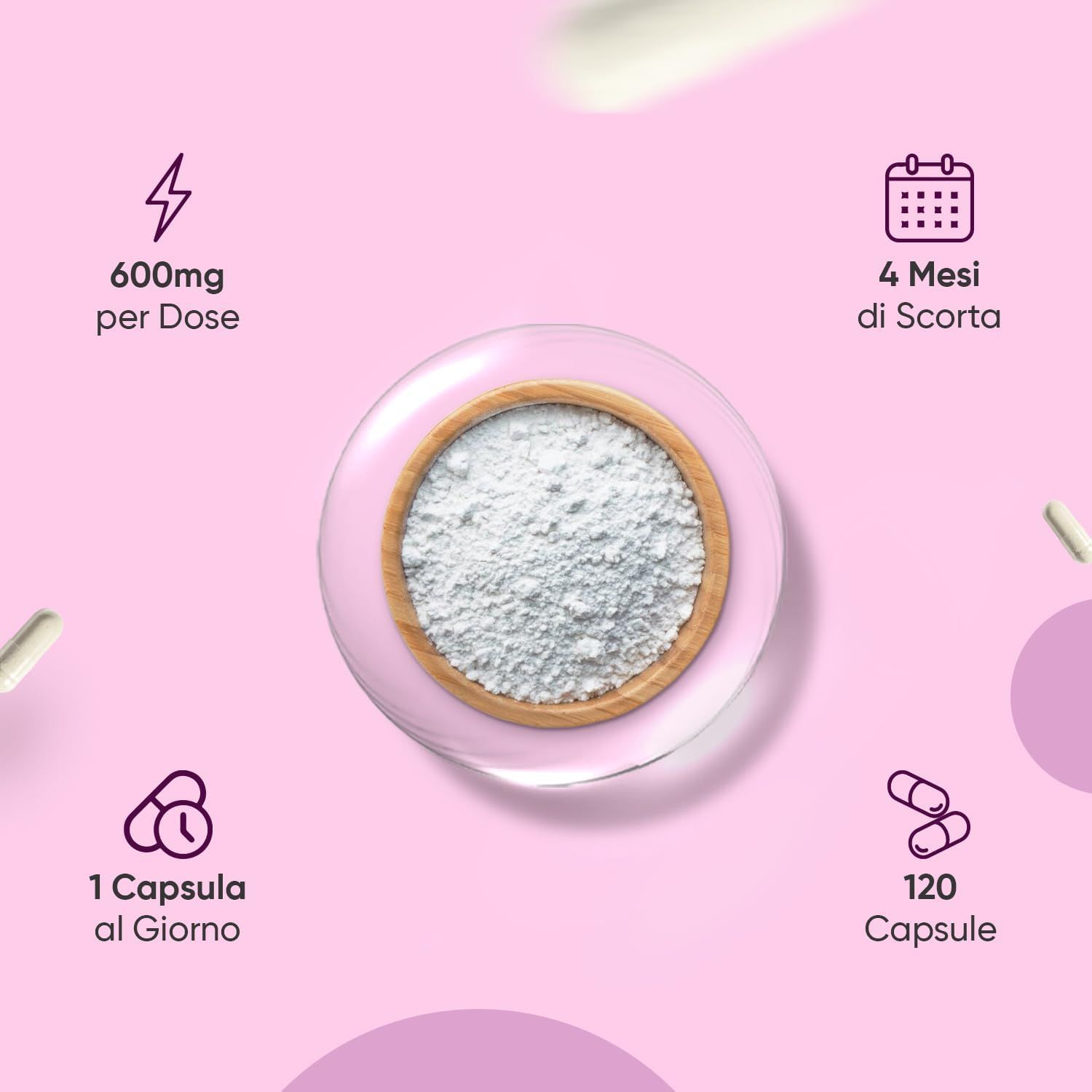 Capsule, polvere e simboli. Testo: 1 capsula al giorno, 120 capsule. 4 mesi di scorta.
