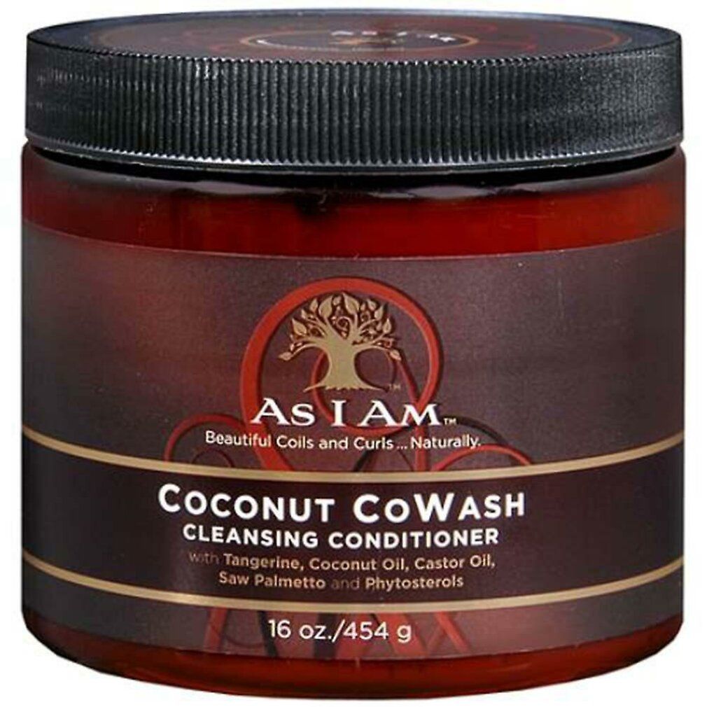 Barattolo marrone con coperchio nero. Scritta: As I Am Coconut CoWash Cleansing Conditioner. 16 oz./454 g.