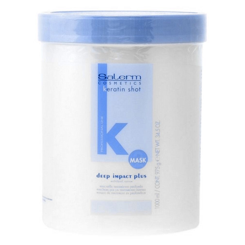 Contenitore bianco con coperchio blu. Scritta: Salerm Cosmetics Keratin Shot Mask Deep Impact Plus. Logo K.