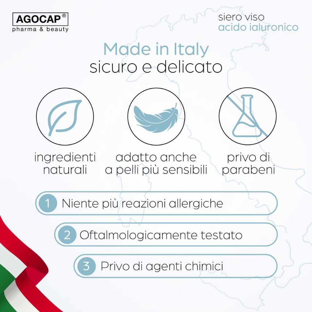 Grafica con simboli e testo. Testo: Prodotto in Italia, sicuro e delicato. Ingredienti naturali, senza parabeni.