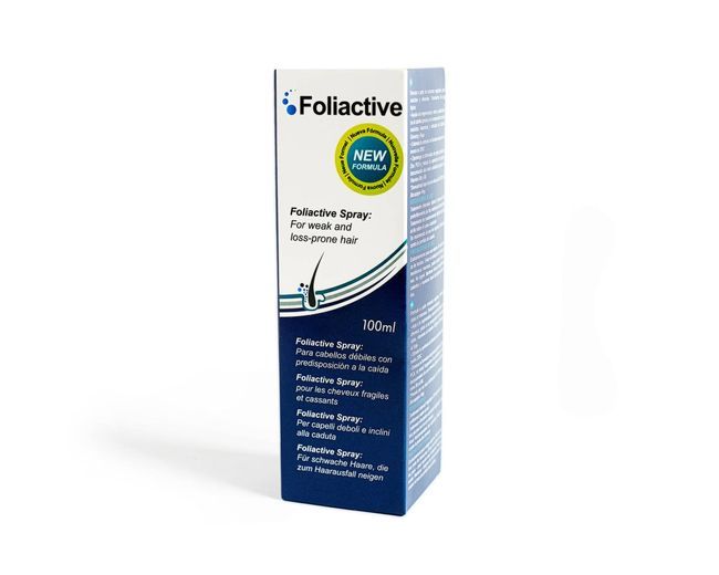 Flacone e confezione Foliactive Spray, 100ml, sigillo "New Formula".