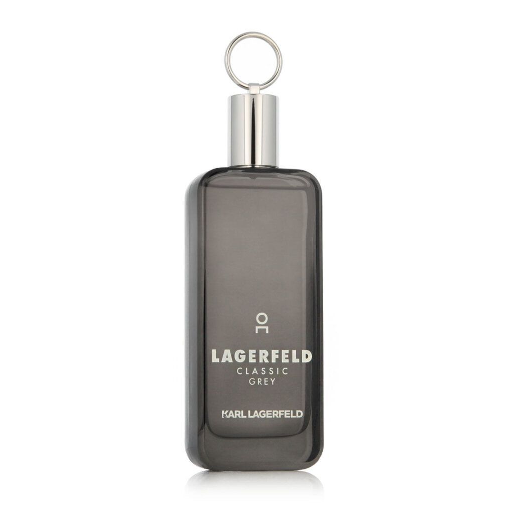 Flacone grigio con tappo e anello argentati. Scritta: LAGERFELD CLASSIC GREY. Marchio: KARL LAGERFELD.