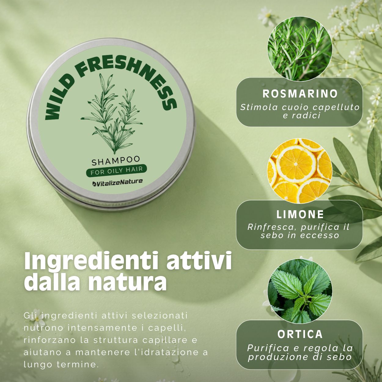 VitalizeNature Wild Freshness Shampoo Bar – Ortica & Rosmarino per Capelli Grassi