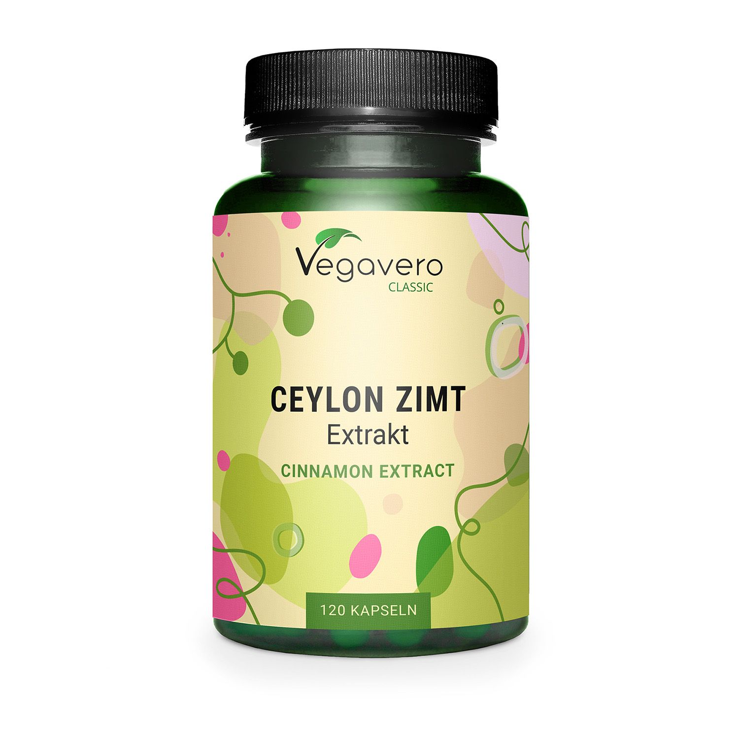 Bottiglia verde con tappo nero. Scritta: Ceylon Zimt Extrakt, 120 capsule. Marchio: Vegavero Classic.