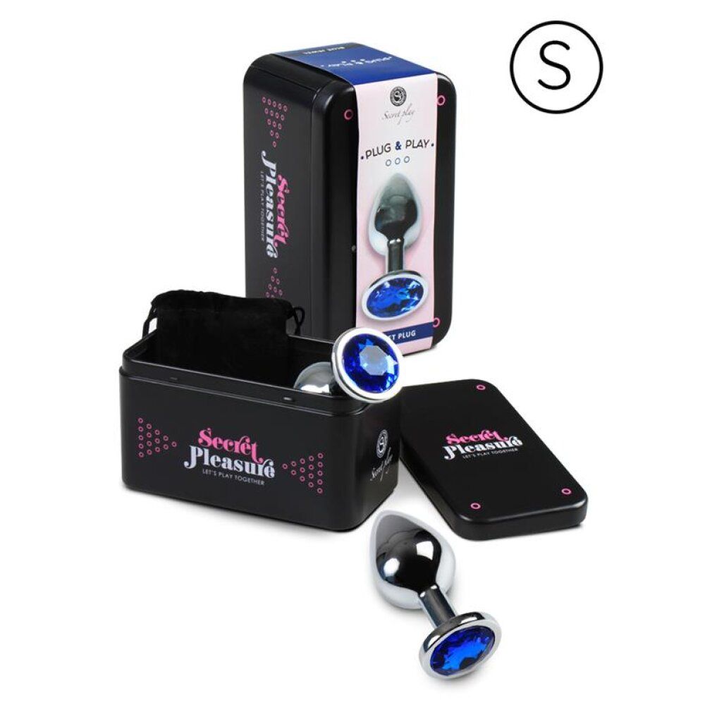 Un set con un plug anale con pietra blu, una scatola di conservazione e una confezione regalo.
