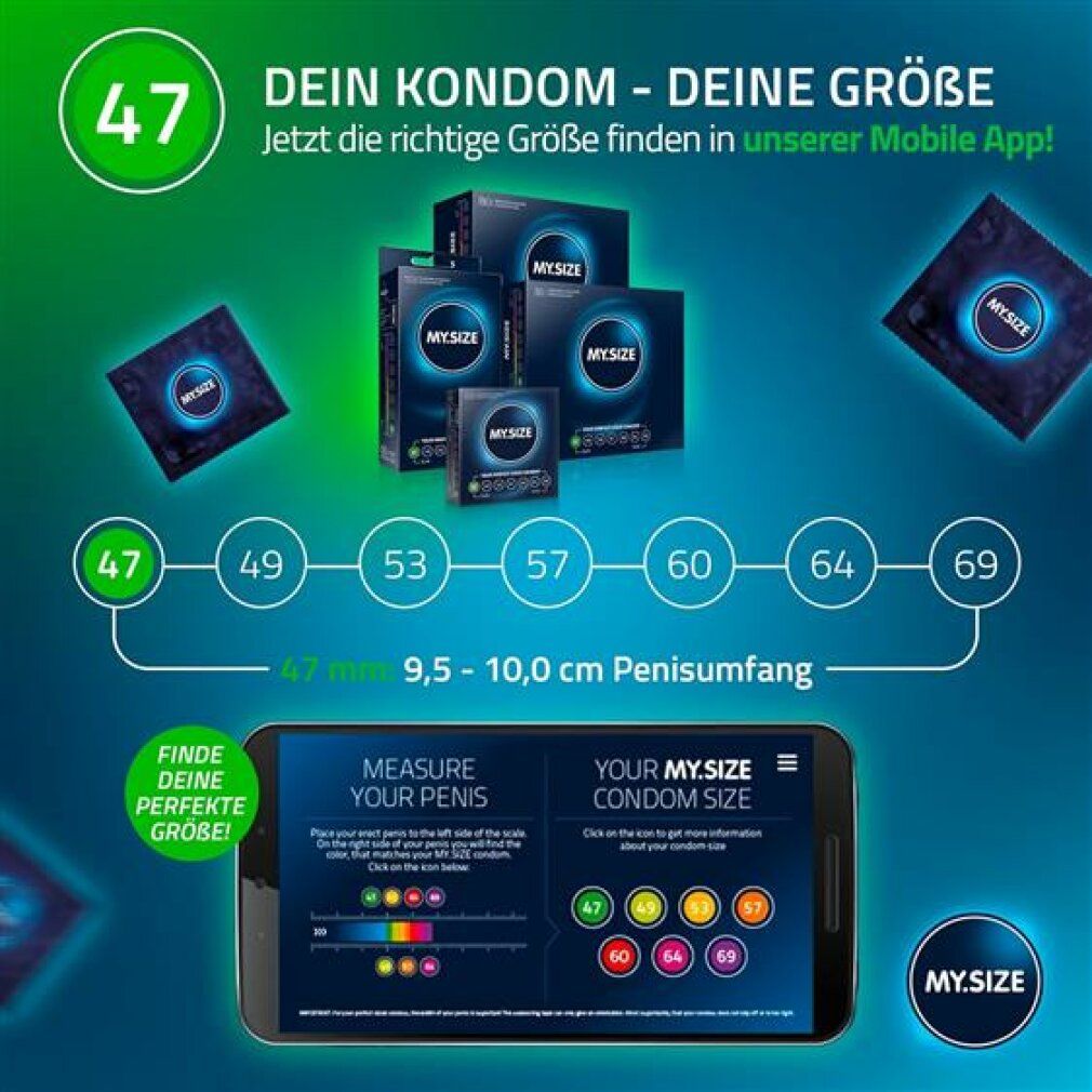 Smartphone con app MY.SIZE. Mostra le taglie dei preservativi. Confezioni sullo sfondo. Taglie: 47-69 mm. Scritta: MY.SIZE.