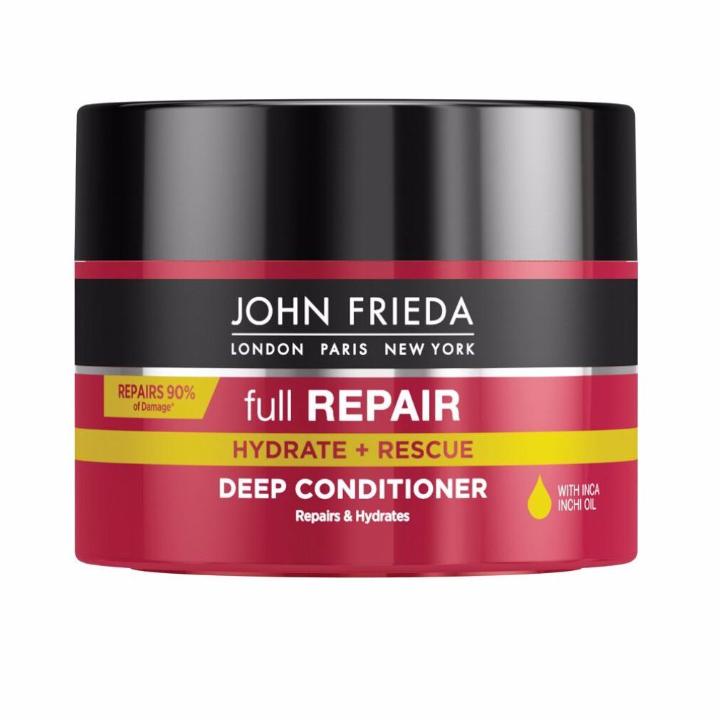 Vaso rosso con coperchio nero. Scritta: John Frieda, full Repair, Hydrate + Rescue, Deep Conditioner. Dettagli gialli.