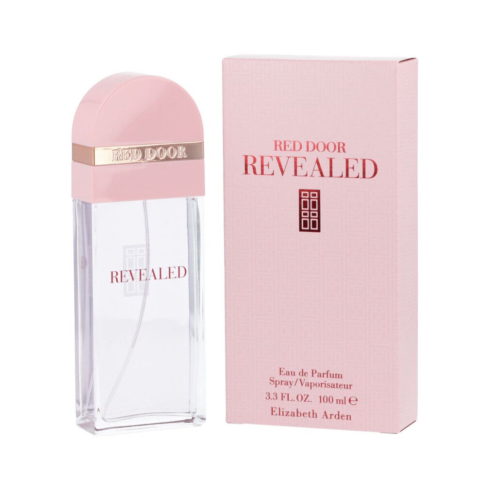 Confezione rosa e flacone. Scritta RED DOOR REVEALED. Flacone con tappo rosa. Testo: Eau de Parfum Spray/Vaporisateur.