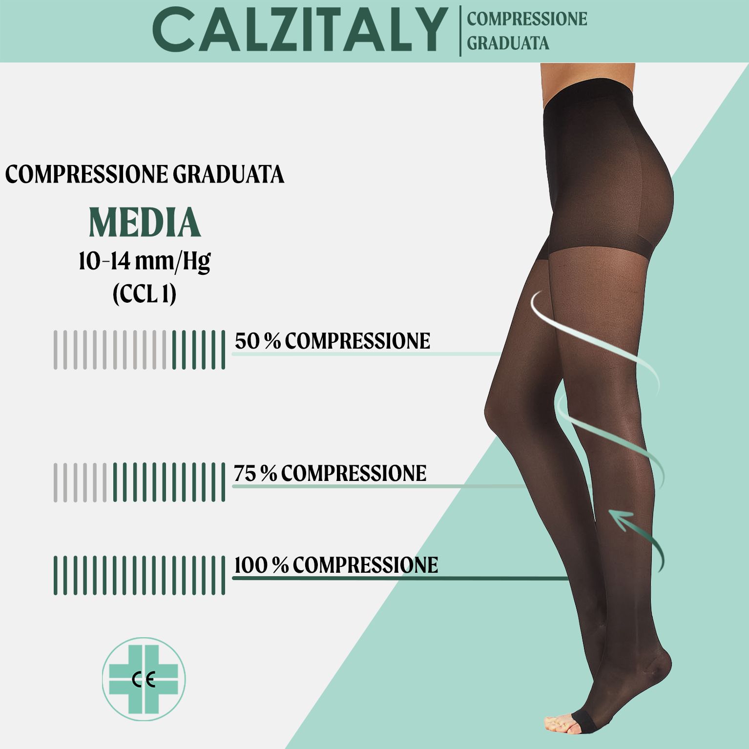 Collant CALZITALY a compressione graduata. 10-14 mmHg. Indicatore di compressione.
