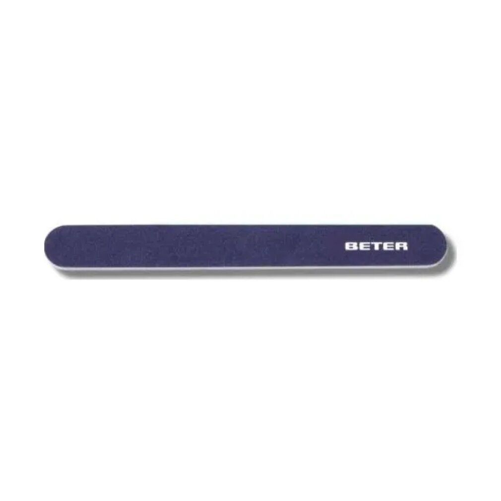 Lima per unghie blu con bordo bianco. Marchio Beter. Forma rettangolare con estremità arrotondate. Scritta: Beter.