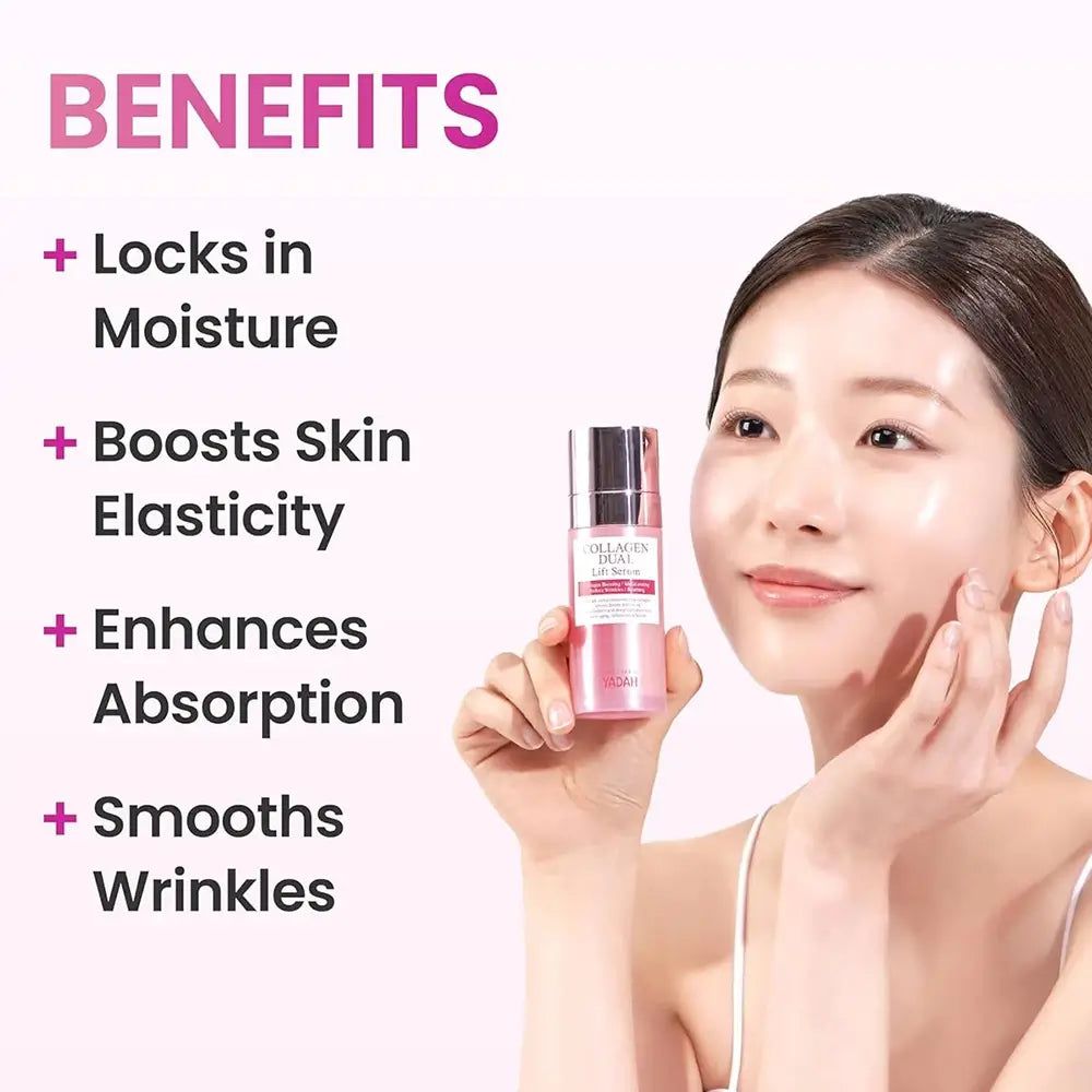 Una donna tiene un flacone YADAH Collagen Dual Lift Sérum, i benefici sono elencati.