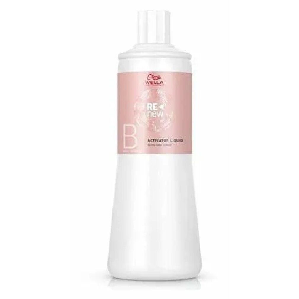 Flacone bianco con etichetta rosa. Scritta: Wella, RE+NEW, Activator Liquid. Forma conica.