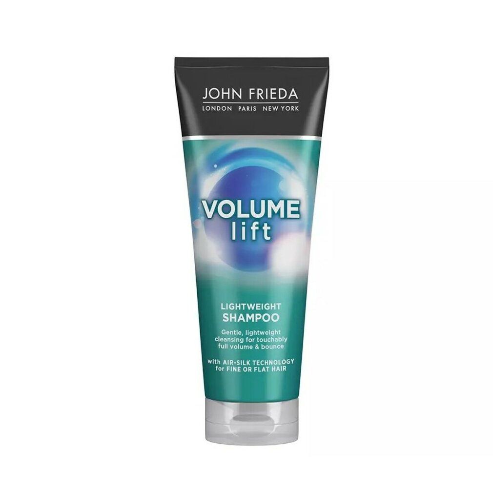 Tubo di shampoo con tappo nero e testo verde. Scritta: Volume Lift, Lightweight Shampoo. Per capelli fini o piatti.