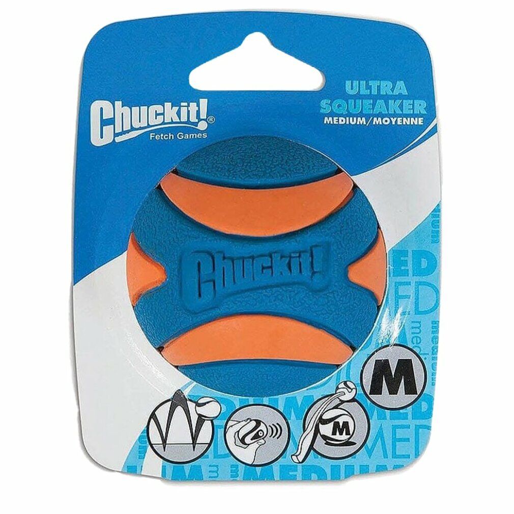 Palla blu e arancione in confezione blister. Scritta: Chuckit! Ultra Squeaker Medium.